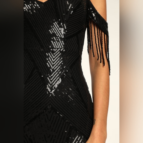 Spellbinding Scene Black Sequin Beaded Fringe Mermaid Maxi Dress - Picture 5 of 5